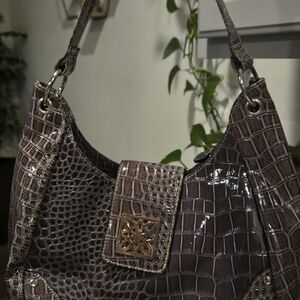 Sophisticated Brown Crocodile-Embossed Shoulder Bag